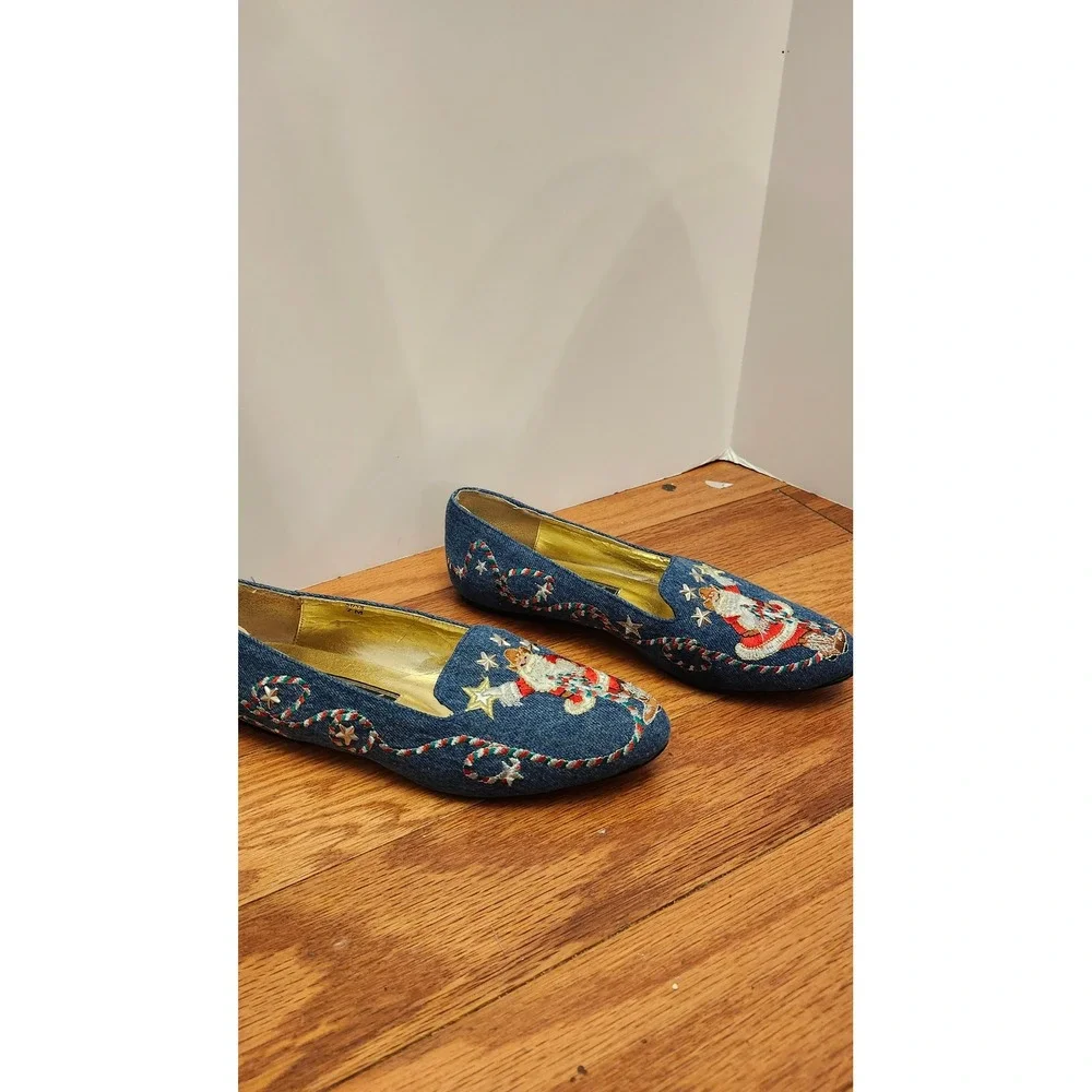 J Renee Santa Holiday Ballet Flats Women's 7 M‎ Blue Embroidered Slip On Vintage